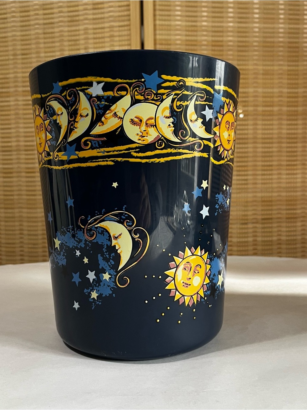 Vintage 1990s Celestial Trash Can Sun & Moon Navy Blue Plastic Waste Basket